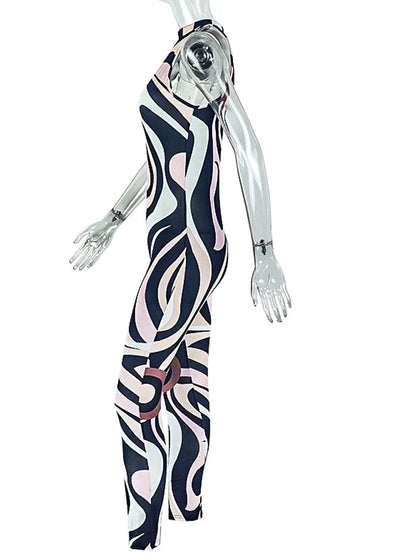 Kricesseen Sexy Tiger Animal Print Graphic Jumpsuit for Women Hollow Out Skinny Sleeveless One Piece Club Outfits Female Rompers