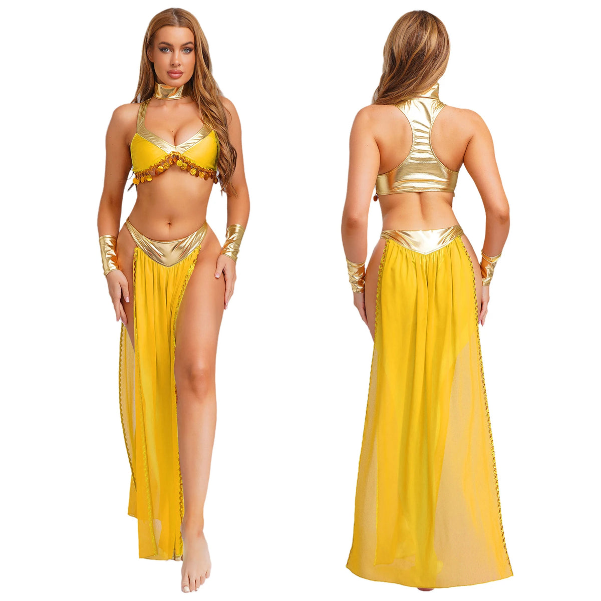 Women Ancient Egyptian Queen Cosplay Outfits with Collar Crop Top with Chiffon Skirt Metallic Shiny Indian Belly Dance