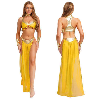 Women Ancient Egyptian Queen Cosplay Outfits with Collar Crop Top with Chiffon Skirt Metallic Shiny Indian Belly Dance