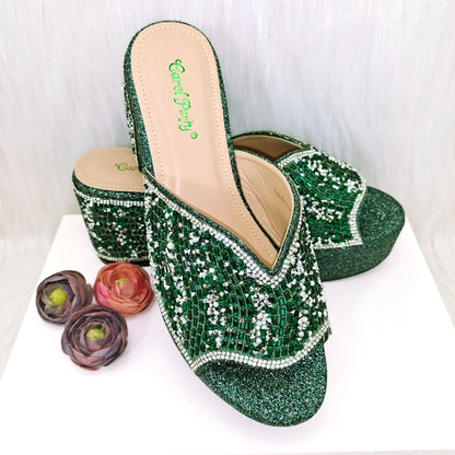 Nigeria Distinguished Green And Elegant Women's Designer High Heels And Bag Set, Fashionable Fishmouth Shoes In Nigerian Style