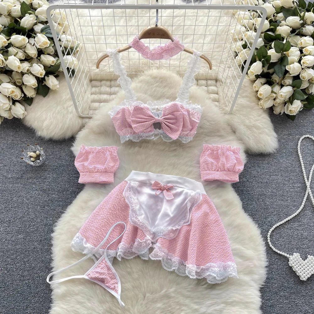 Coquette Lace Lingerie Set Sexy Mesh Bodysuit Valentines Day Sleepwear Gothic Strappy Catsuit Intimate Nightwear Romper