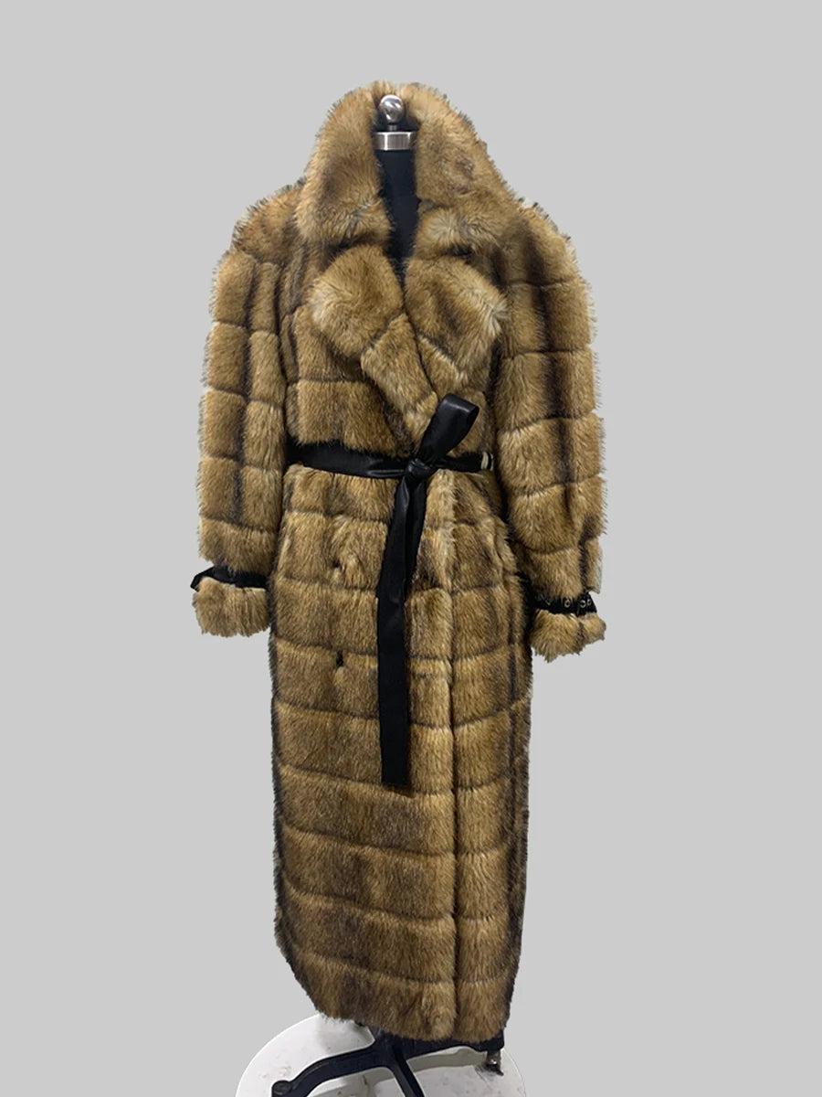 Nerazzurri Winter Extra Long Original Brands Luxury Clothing Striped Shaggy Thick Fluffy Faux Fur Coat Women Shoulder Pads  2026