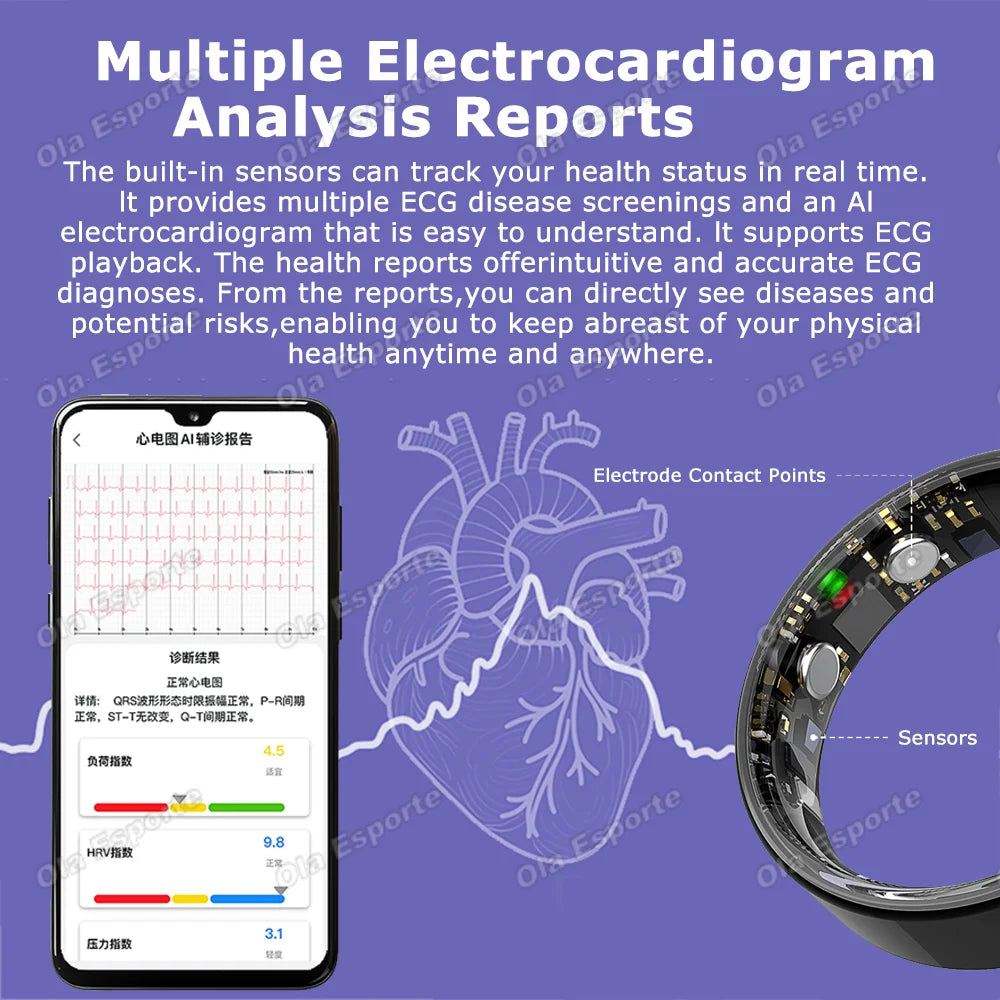 AI ECG Detection Smart Ring 2026 Blood Pressure Heart Rate Body Temperature Monitoring 5ATM Waterproof Multiple Sport Smartring