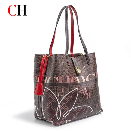 CH Tote Bag for Women Two Tone PU Leather Large Capacity Shoulder Handbag Luxury Ladies Commute Shopping Shopper Bag