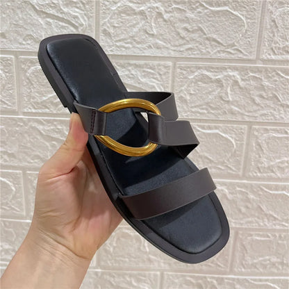 Metal Ring Summer Half Slippers Women Flat Beach Shoes Casual Outside Slides Black Designer Gladiator Sandals Luxury Footwear