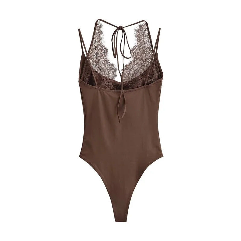Women's Jumpsuit 2026 Spring New Solid Color Halter Neck Lace Splice Sexy Slim-Fit Romper Personalized Fashion