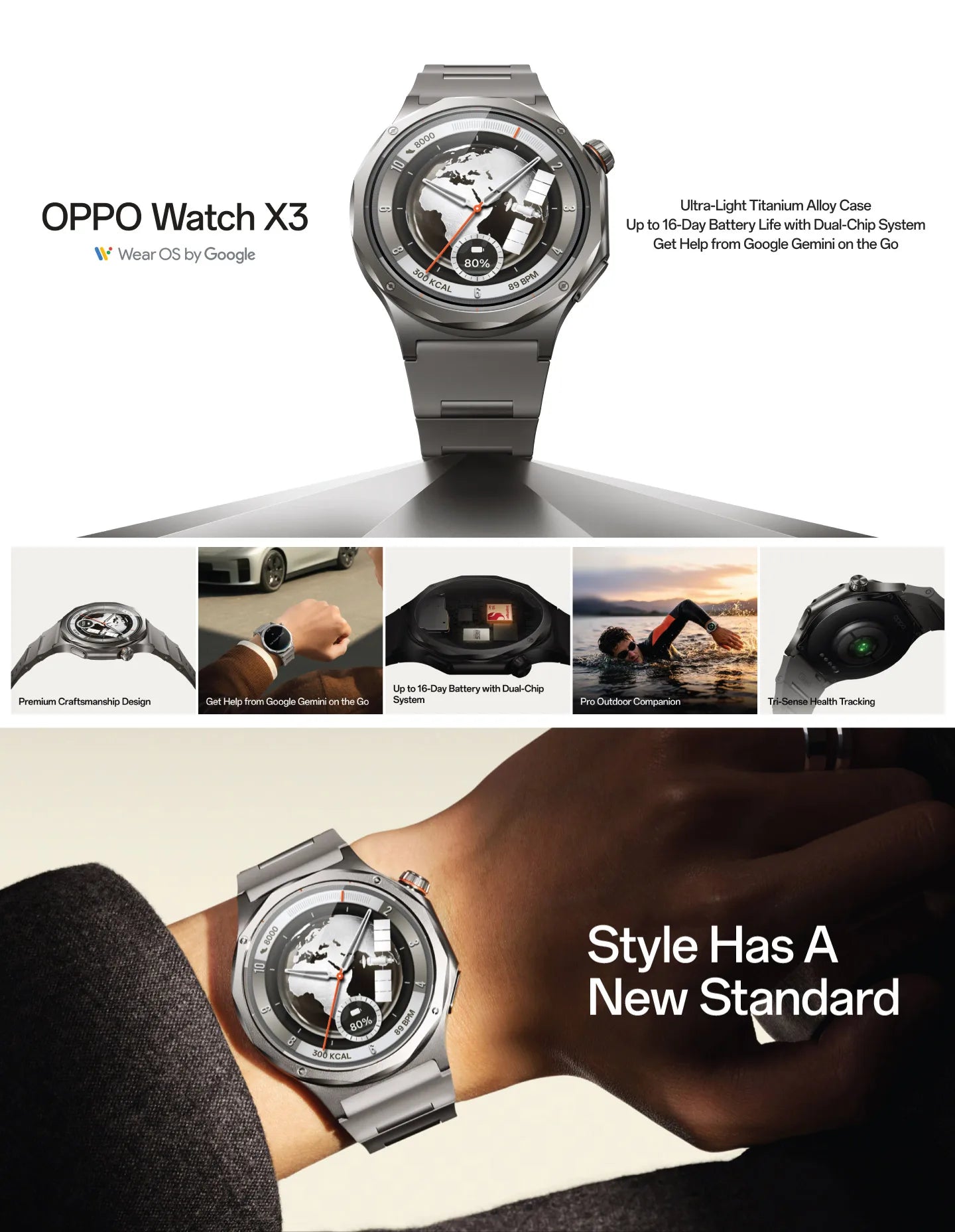 [New Arrival] Global Version Smartwatch OPPO Watch X3 Snapdragon W5 Up to 16 Days of Battery Life AMOLED Display NFC IP68