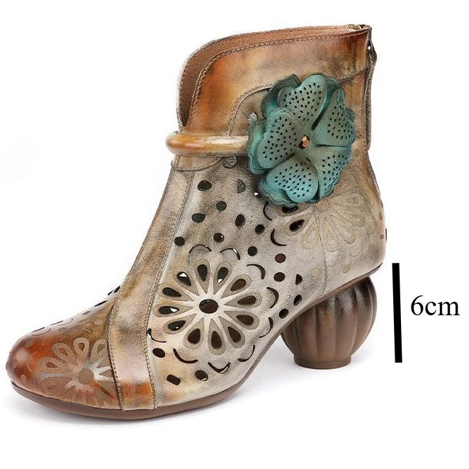 Myjyjz 6cm Genuine Leather Chunky Heels Hollow Women Shoes Ethnic Ankle Boots Zip Summer Pumps Flower Sandals (Size Runs Small）