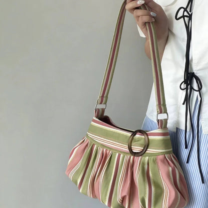 Pleated Design Dumpling Bag Retro Polka Dot Wooden Button Decor Handbag Soft Striped Shoulder Bags Pattern Casual Commuter Bag
