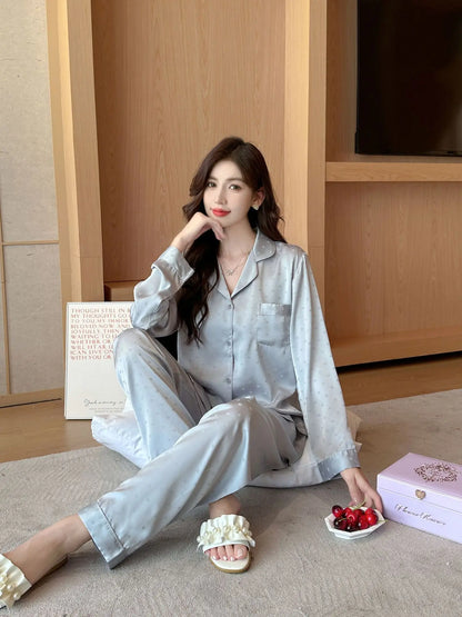 Women's New Arrival Silk-Feel Ice-Silk Lightweight Long-Sleeve Pajama Set Two-Piece Comfortable Homewear Suit