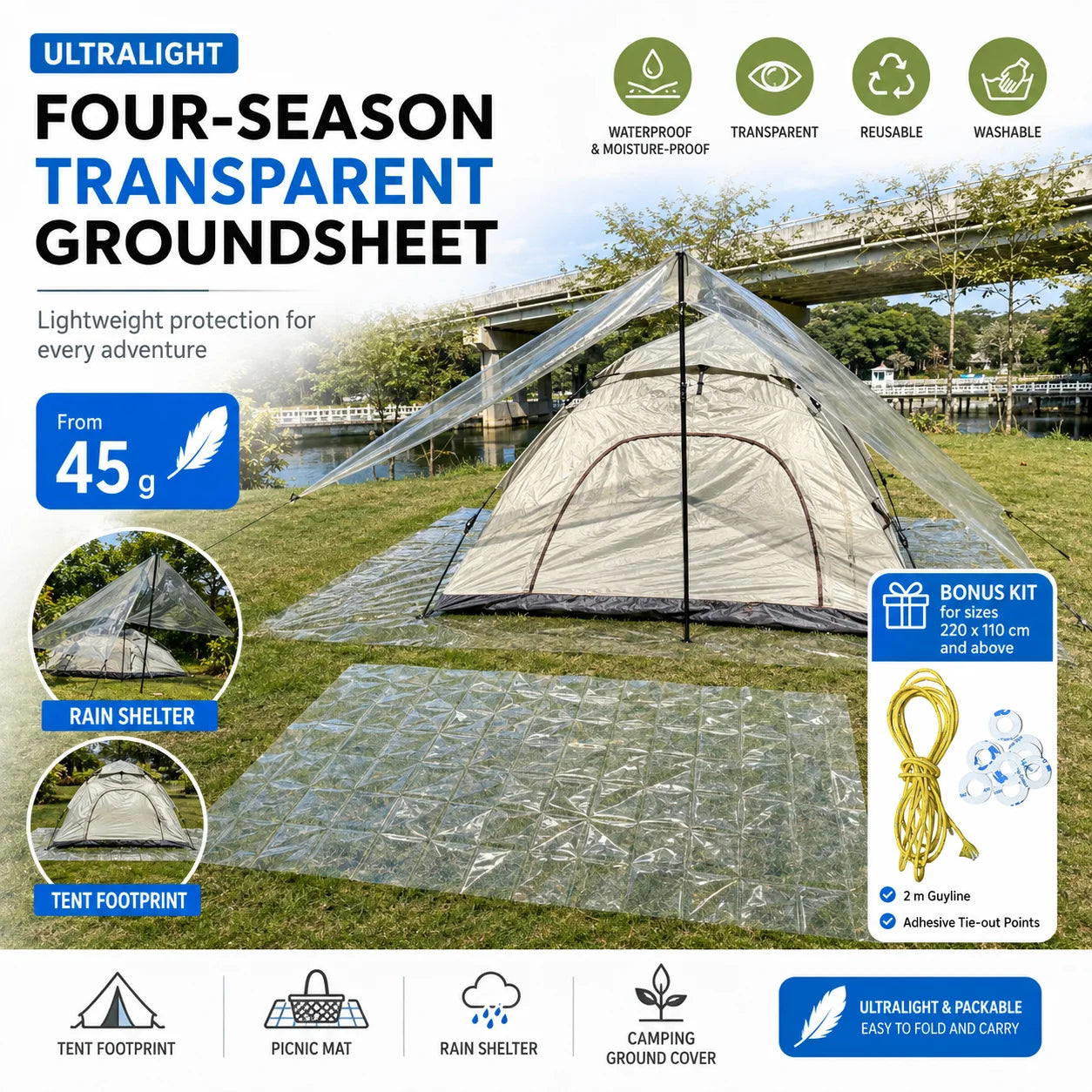 Four Season Ultralight Transparent Tent Groundsheet Waterproof Moisture Proof Camping Footprint Foldable Reusable Outdoor Tarp