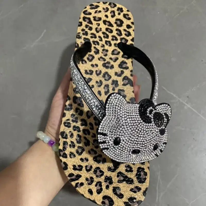 Hello Kitty Rhinestone Flip Flops Leopard Print Y2K Women Bling Non-Slip Summer Beach Casual Thong Sandals Indoor Outdoor
