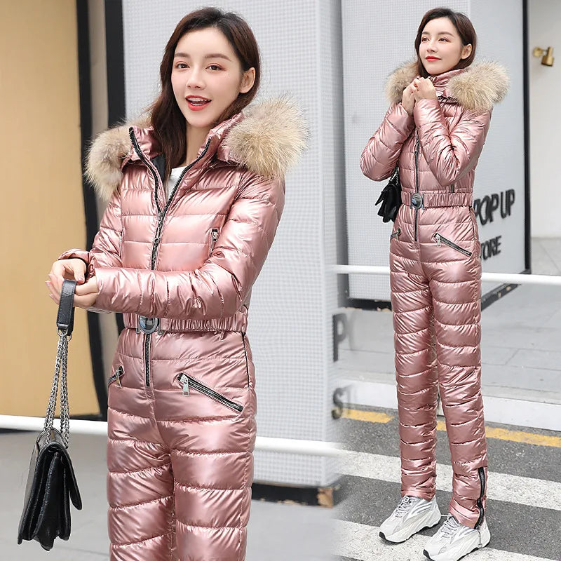 Jumpsuits One Piece Ski Suit Winter Thicken Snow Place Down Cotton Women Suits Warm Hooded Waist Slim Shiny Outdoor Sports