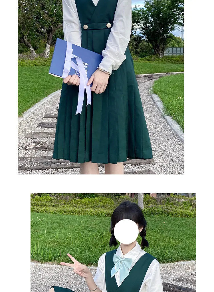 Japanese Korean Class High School Student Girl Long Pinafore Pleated Dress  JK Uniform Cosplay Seifuku Schoolgirl Sundress