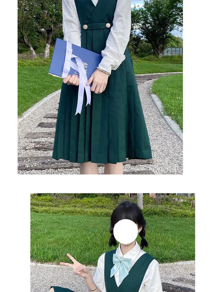 Japanese Korean Class High School Student Girl Long Pinafore Pleated Dress  JK Uniform Cosplay Seifuku Schoolgirl Sundress