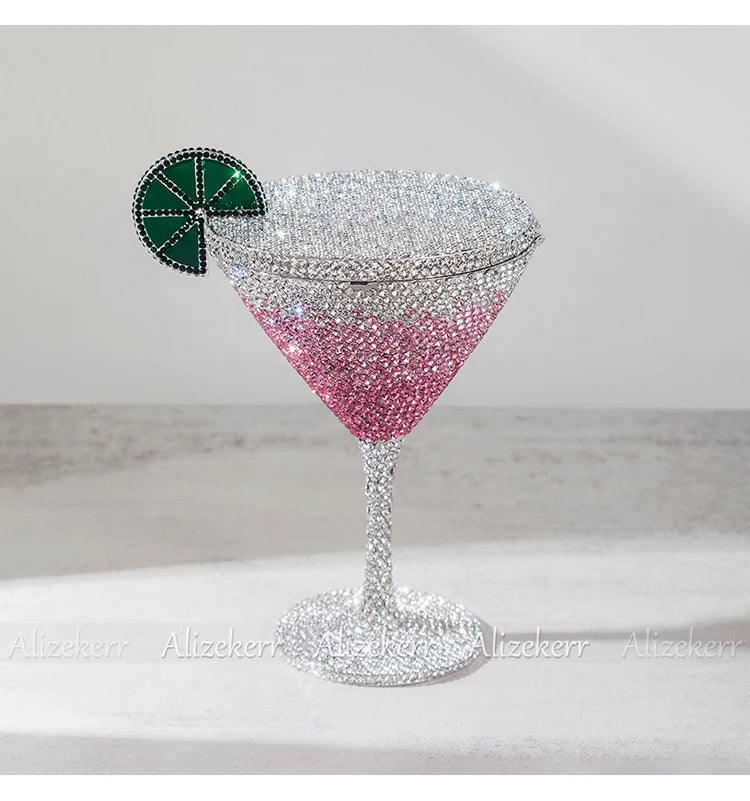 Alizekerr Cocktail Glass Shaped Rhinestone Evening Bags Luxury Designer Gorgeous Crystal Metal Purses And Handbags Wedding Party