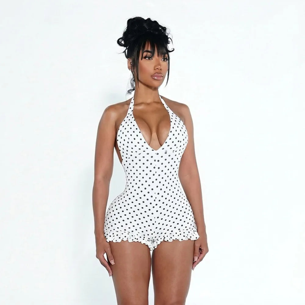 FLARORA Hottie Polka Dot Print Rompers Woman Sexy Halter V Neck Bandage Backless Skinny Ruched Playsuits Sweet Trend Streetwear