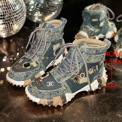 Women Rhinestone Casual Luxury Sneakers Diamond High-Top Designer Boots Thick Bottom Shoes Female Tennis Outdoors Walking Shoes