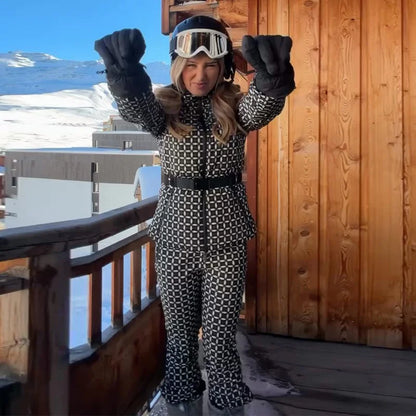 Faux Fur Patchwork Ski Jumpsuit Women Detachable Hoodie Long Sleeves Belts Zipper Warm Skiwear Female 2025 Winter Warm Rompers
