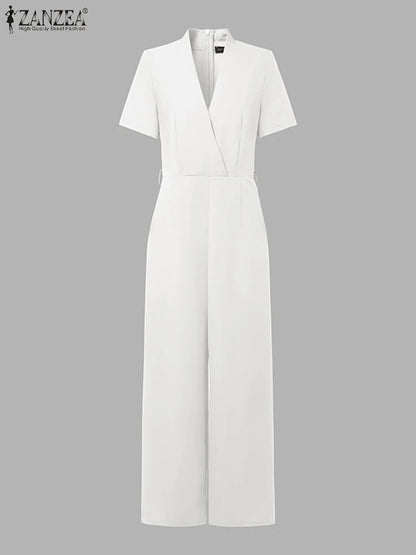 ZANZEA Street Fashion High Waist Jumpsuits Women Workwear Belt Rompers Solid Deep V Neck Elegant Office Lady Long Overalls