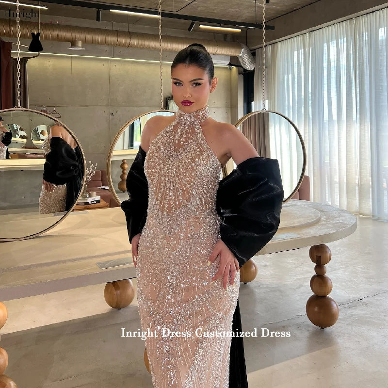 Inright Customized Sparkling Crystal-Embellished Halter-Neck Sheath Evening Dresses Burgundy Cape Train and Bow Back Train