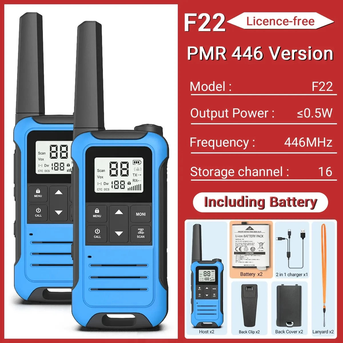 2PCS Baofeng F22 T22 PMR 446MHz Mini Walkie Talkie Waterproof Type-C Licence-free Flashlight Portable Two Way Radio for Hunting