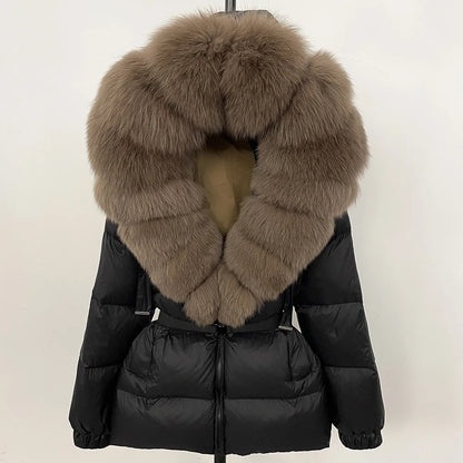 Hot Sale Women Luxury Black Down Jacket Waist‑Cinched Design High‑End Elegant Real Big Fox Fur Hooded Collar Winter Outerwear