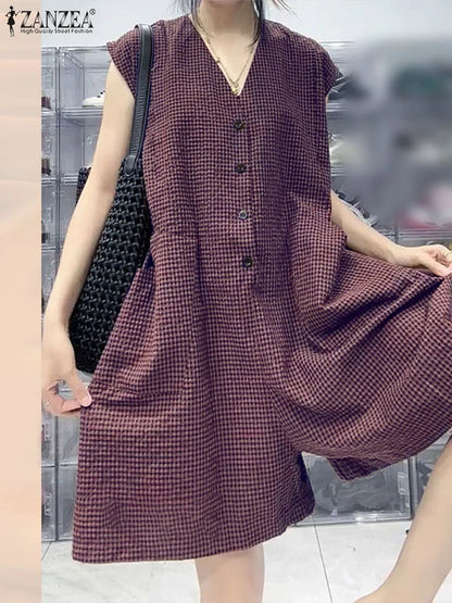 2025 ZANZEA Fashion Women Wide Leg Jumpsuits Summer Plaid Checked Overalls Pants Casual V Neck Sleeveless Work Rompers Oversize