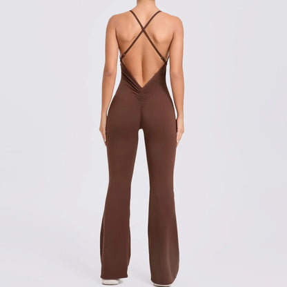 Sports Overalls for Women Sportswear Flared Jumpsuit Woman Padding Jumpsuits Gym Combinaison Femme Coffee Gray Navy Blue Red