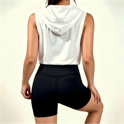 Women's Faith Graphic Sleeveless Hoodie with Biker Shorts Set, Christian Bible Verse Print Sports Outfit, Casual Yoga Gym Activewear