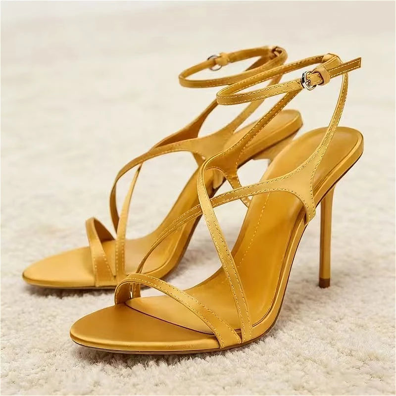 Luxury Satin High Heels Women Cross Strap Naked Strap Elegant Designer Sandals Women Pumps Sexy Banquet Dress Shoes Ladies