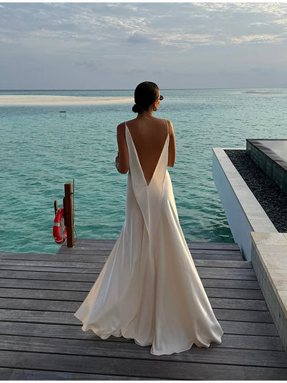 Luxury White Satin Backless Veatido Women Sexy Spaghetti Strap V-neck High Split Midi Dress Vacation Evening Party Beach Outfits