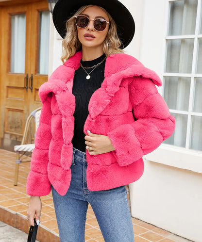 2026 Autumn Winter Turndown Collar Faux Fur Coat Women Casual Long Sleeve Fluffy Plush Jacket Khaki Thick Fake Fur Warm Cardigan