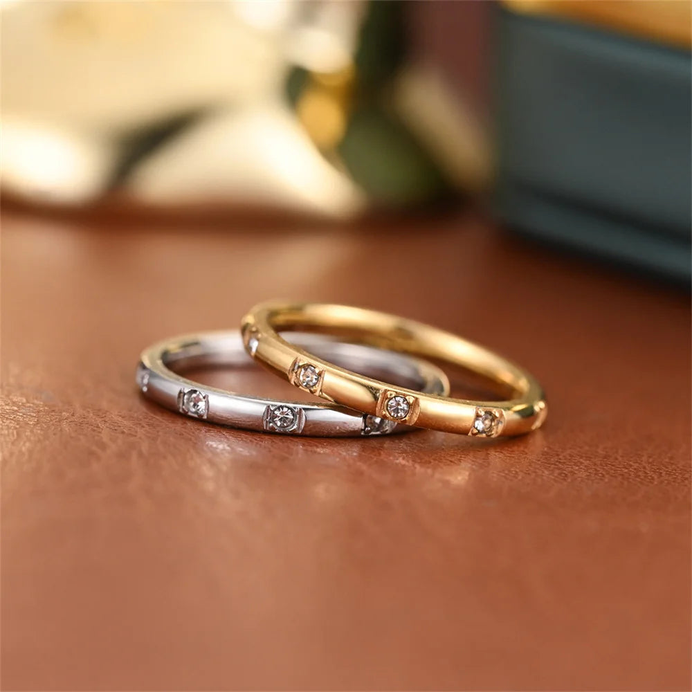 Women's Gold Ring 2mm Thin Silver Color Titanium Stainless Steel Crystal Wedding Rings for Woman Girl Elegant Jewelry Anello
