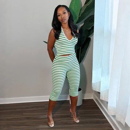 Striped Print Neck Hanging Vest Top, High Waist Tight Fitting Cropped Pants Two-Piece Set