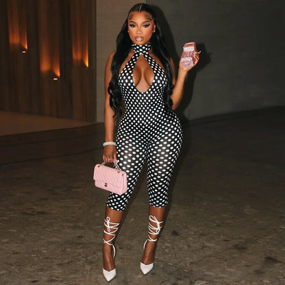 Polka dot print neck strap, big backless, tight fitting and slimming seven part jumpsuit