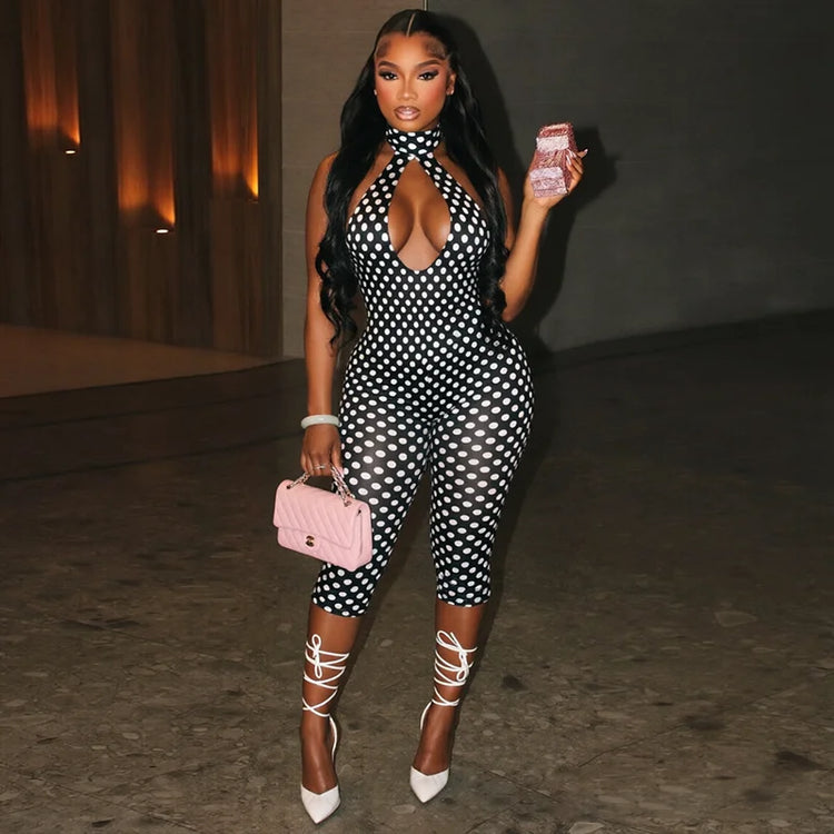 Polka dot print neck strap, big backless, tight fitting and slimming seven part jumpsuit
