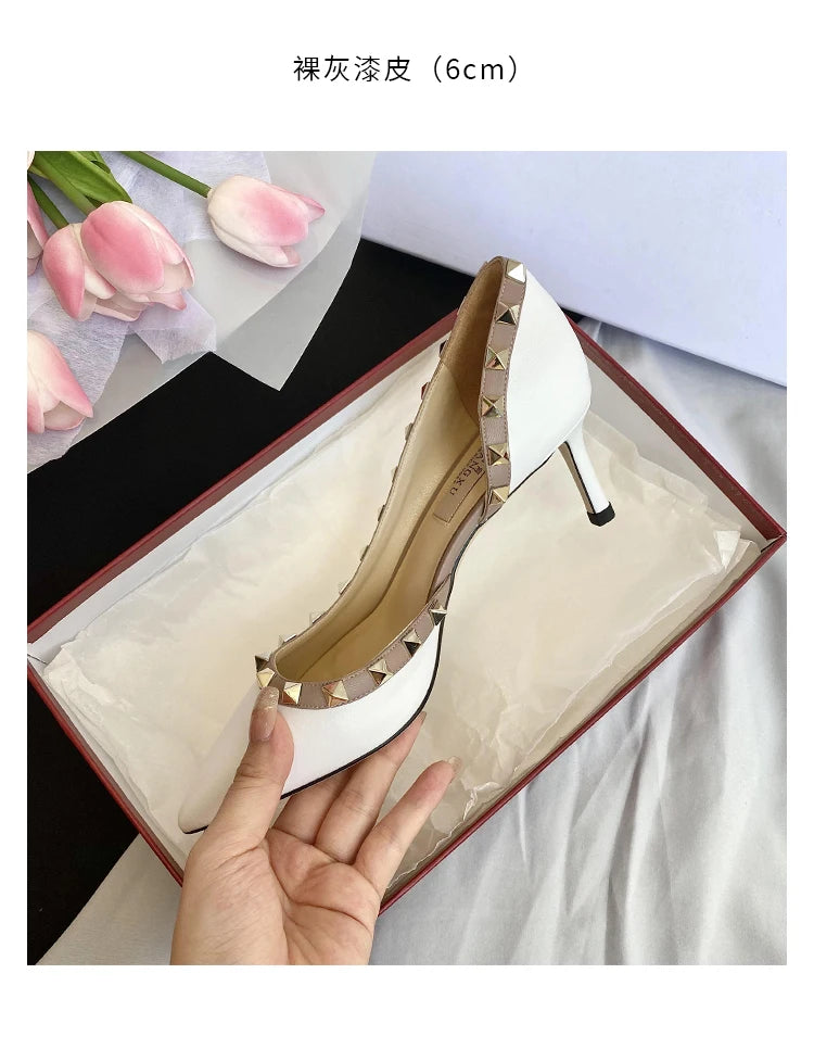 Luxury Brand Women's Shoes Woman Sandals Summer Rivets High Heels Side Empty Female Leather Fashion Prom Ladies Shoes Women 2026