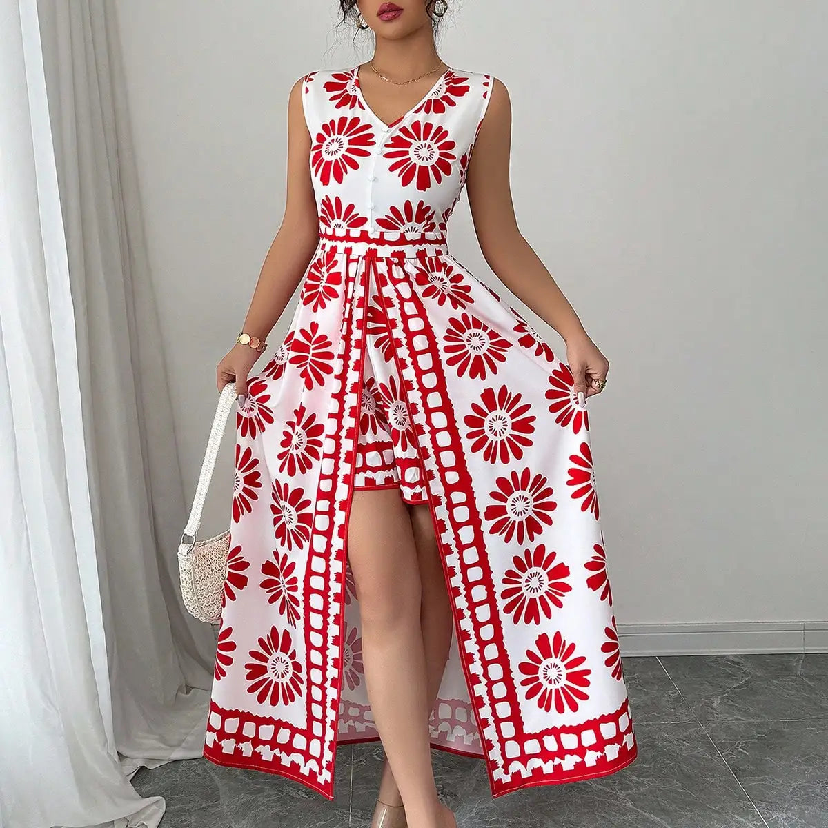 Women's Spring and Summer Beach Vacation Style Casual and Elegant Contrasting Color All-Over Retro Print Sleeveless Jumpsuit