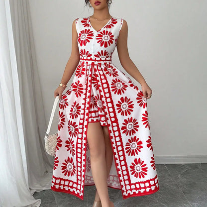 Women's Spring and Summer Beach Vacation Style Casual and Elegant Contrasting Color All-Over Retro Print Sleeveless Jumpsuit