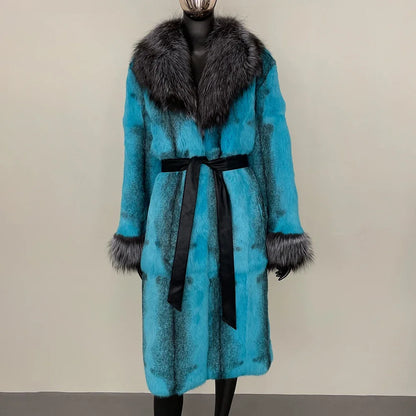 2024 New Autumn Winter Thickened Fur Coat for Women Rabbit Fur One-piece Long Style Real Fox Fur Collar Fashion Warm Coat Women