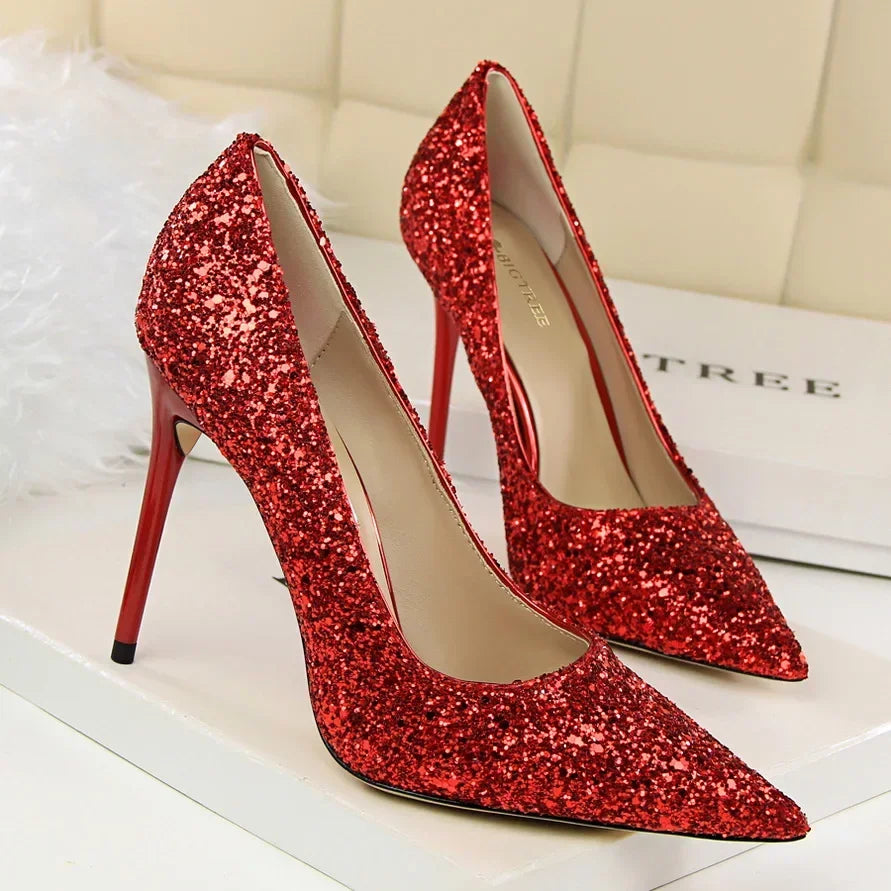 Women Luxury Bling Red  Blue Valentine Party Scarpins Pumps Lady Glitter Sequins 7cm 9.5cm High Heels Designer Shoes Plus Size