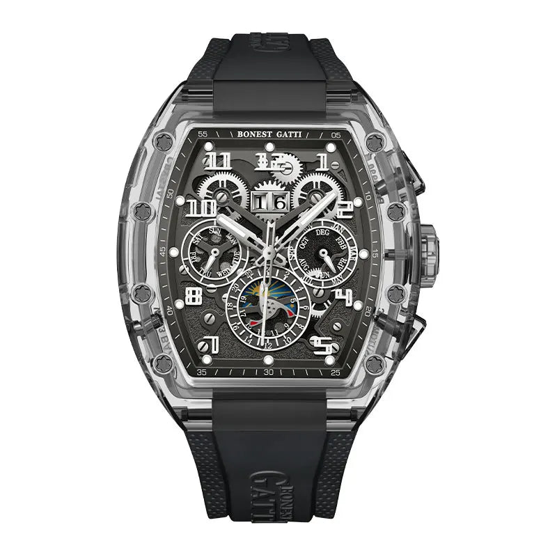 BONEST GATTI Men Automatic Watch Tonneau Mechanical Wristwatch Crystal Case Rubber Band Month Week Date Multi Dial Watches