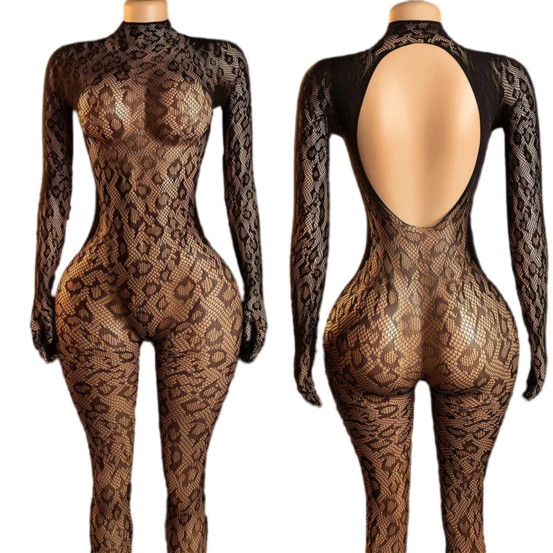 Fishnet Jumpsuit Hot Backless Sexy For Women Ultra-thin Summer Body Stocking Long Sleeve Mesh Lingerie Leotard Cosplay Jump Suit