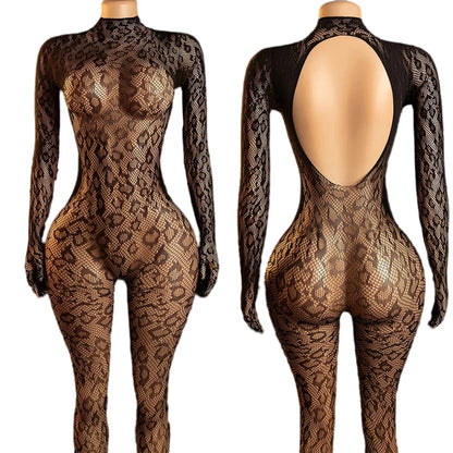 Fishnet Jumpsuit Hot Backless Sexy For Women Ultra-thin Summer Body Stocking Long Sleeve Mesh Lingerie Leotard Cosplay Jump Suit