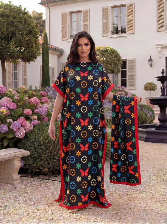 Boho Butterfly Flower Geometric Print Satin Abaya Scarf Set, Loose Batwing Maxi Kaftan For Muslim Women Beach Vacation Wear