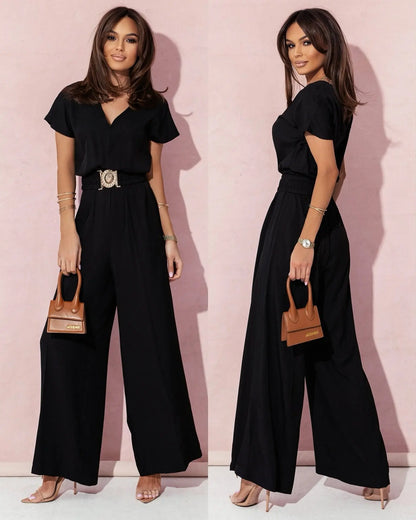 Fashion V-neck Short Sleeve High Waist Jumpsuit Women 2026 Summer Solid Wide Leg Elegant Romper Vintage Jumpsuits Overalls Women