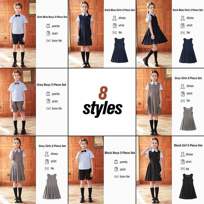 Girl Summer Evening Dresses Kindergarten School Uniform Boys Shirt Shorts Bowtie Wedding Suit Children Performance Costume
