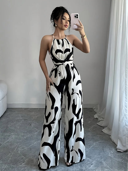 Summer Women's Sexy Halter Neck Jumpsuit Casual Pants Jump Suits For Women Geometric Print Jumpsuit Party Outfits For Women