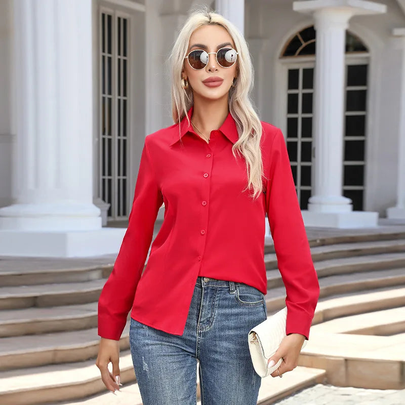 Women Elegant Solid Button Shirt Chiffon Blouse Spring Summer Casual Solid Long Sleeve Turn Down Collar Tunics OL Shirt Tops